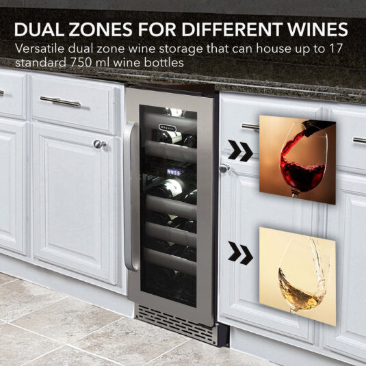 17 Bottle Dual Zone Wine Refrigerator, 12" Built-in Seamless Stainless Steel
